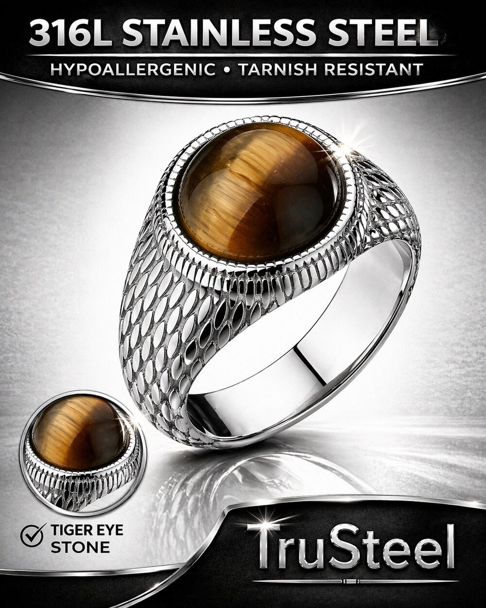 Men’s Tiger Eye Stone on Lizard Skin 316L Stainless Steel silver Ring Size‎ 9